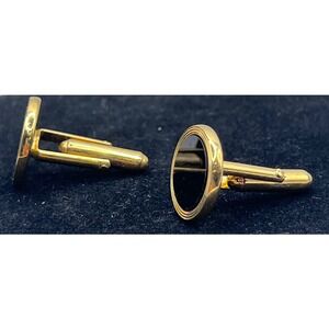 Vintage Gold Tone Black Cabochon Cufflinks Classic Round Men's Dresswear